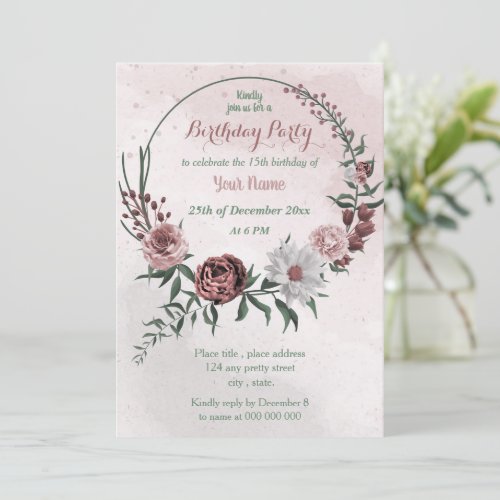 cinnamon rose white floral wreath birthday party invitation