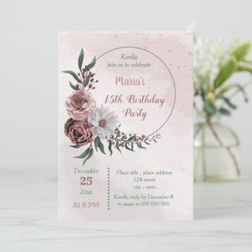 cinnamon rose white floral wreath birthday party invitation