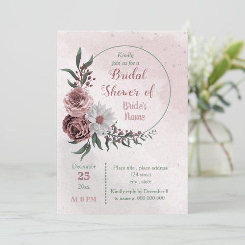 cinnamon rose white floral wreath bridal shower invitation