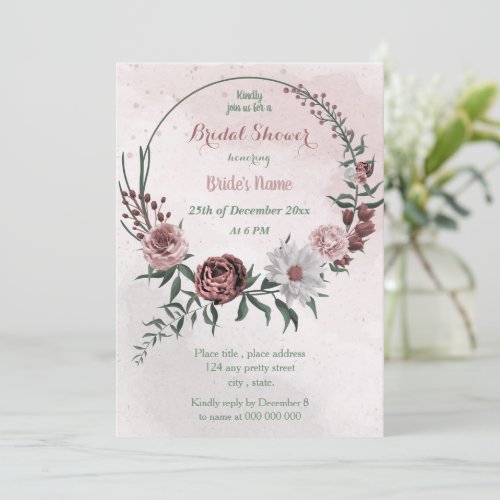 cinnamon rose white floral wreath bridal shower invitation