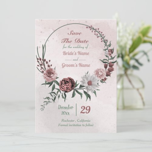 cinnamon rose white floral wreath  save the date