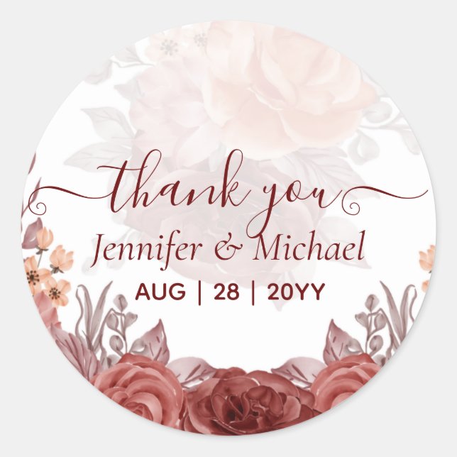 Cinnamon Terracotta FALL Floral Botanical WEDDING Classic Round Sticker (Front)