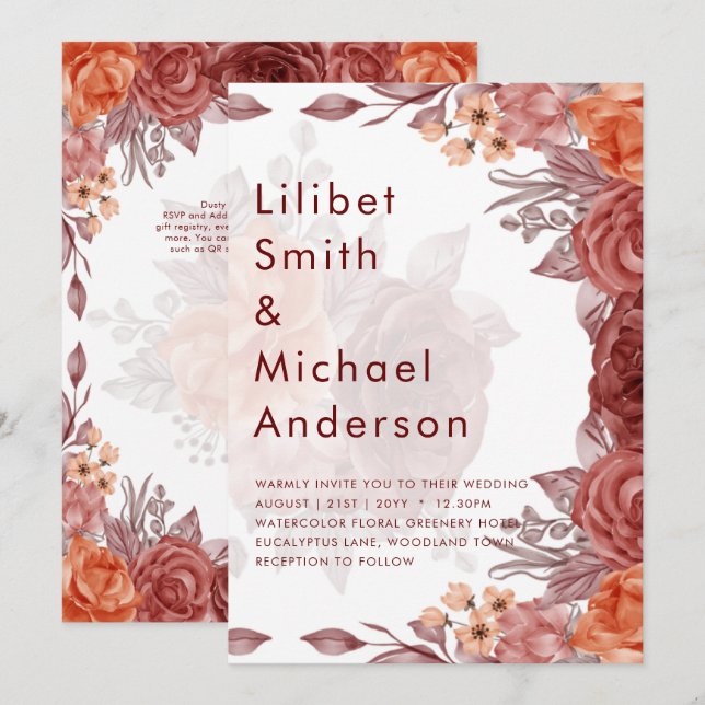 Cinnamon Terracotta FALL Floral Botanical WEDDING Invitation (Front/Back)