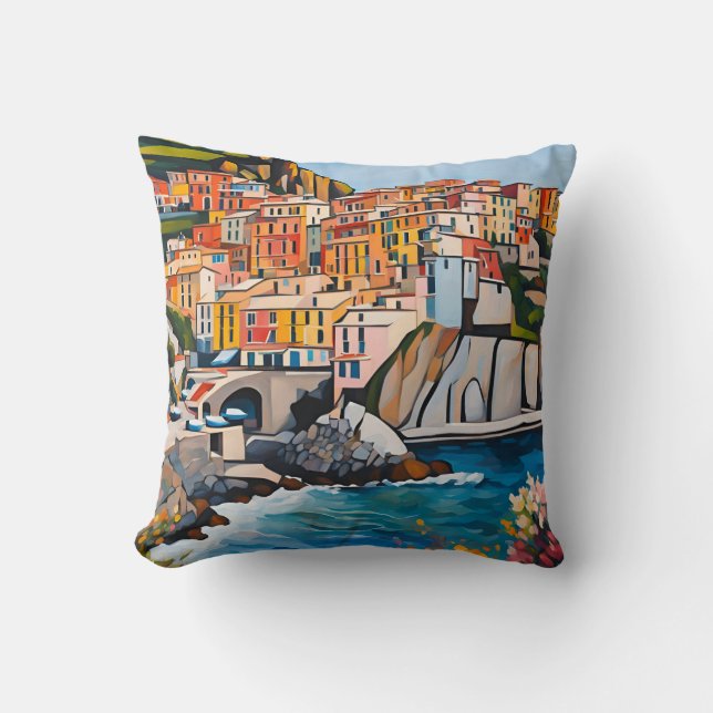 Cinque Terre Italy Mediterranean Modern Art Coast Throw Pillow (Front)