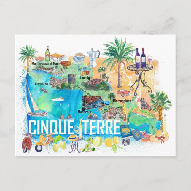 Cinque Terre Italy Mediterranean Travel Map Postcard (Front)