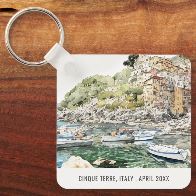 Cinque Terre Italy Sea Watercolor Italian Travel Keychain (Front)
