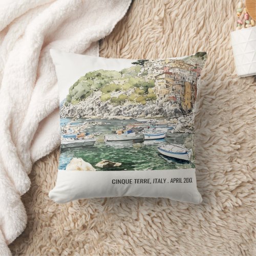 Cinque Terre Italy Sea Watercolor Italian Travel Throw Pillow
