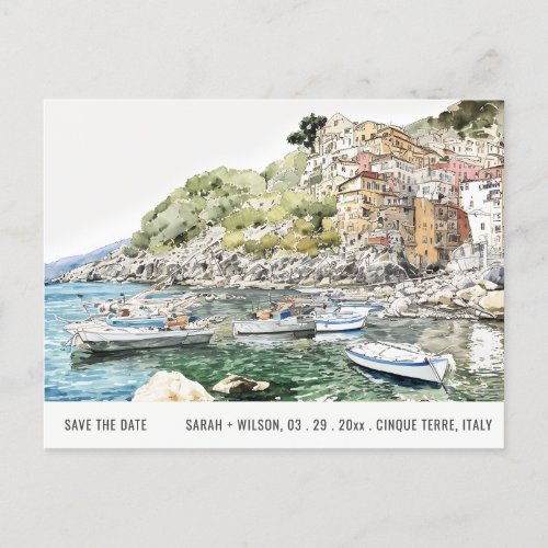 Cinque Terre Italy Sea Watercolor Save The Date Postcard