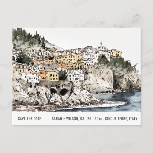Cinque Terre Italy Sea Watercolor Save The Date Postcard