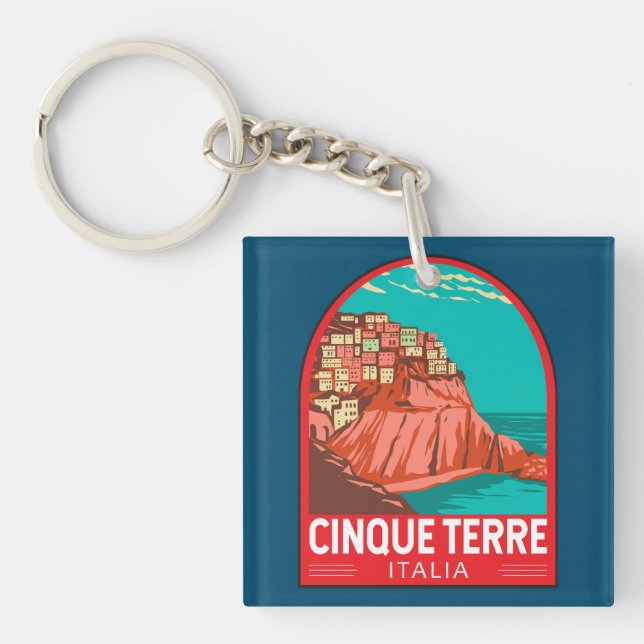 Cinque Terre Italy Travel Art Vintage Keychain (Front)