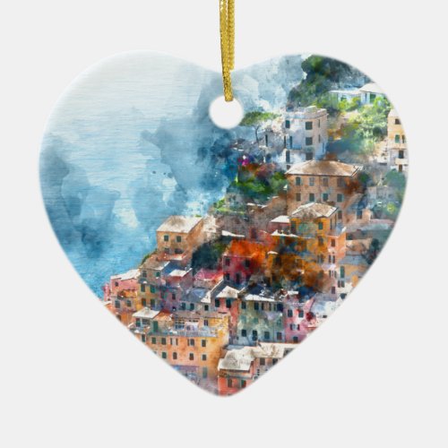 Cinque Terre Italy Watercolor Ceramic Ornament