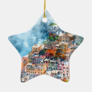 Cinque Terre Italy Watercolor Ceramic Ornament