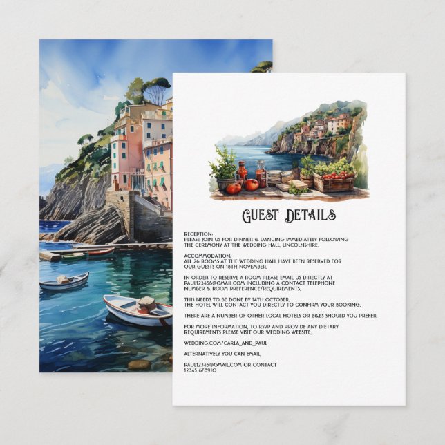 Cinque Terre Italy Wedding Guest Details Enclosure Card (Front/Back)