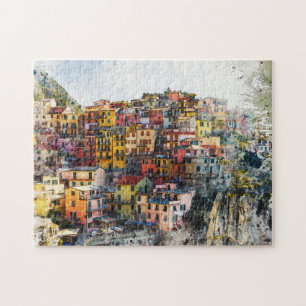 Cinque Terre Liguria Italy scene summer watercolor Jigsaw Puzzle