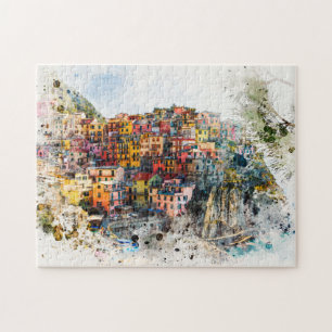 Cinque Terre Liguria Italy scene summer watercolor Jigsaw Puzzle