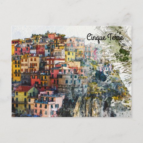 Cinque Terre Liguria Italy scene summer watercolor Postcard