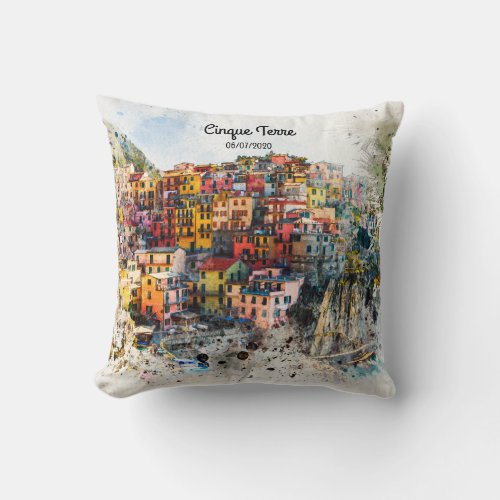Cinque Terre Liguria Italy scene summer watercolor Throw Pillow