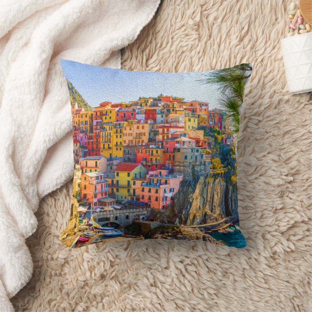 Cinque Terre Liguria Italy  Village Painting Throw Pillow (Blanket)