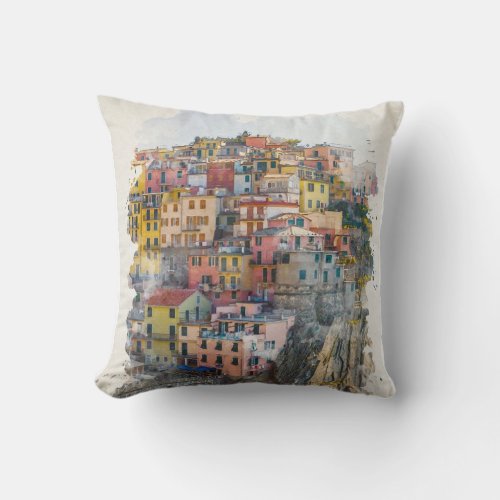 Cinque Terre Watercolor Art Throw Pillow