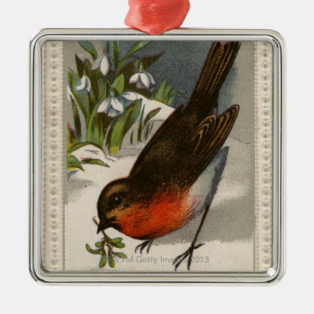 Circa 1871: A robin, with mistletoe in its beak Metal Ornament (Front)