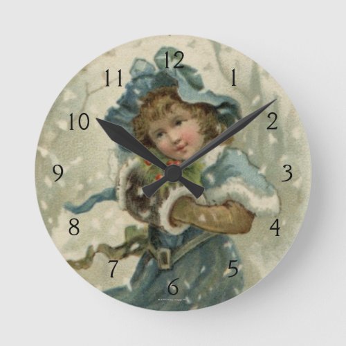 Circa 1871 A young girl in the snow Round Clock