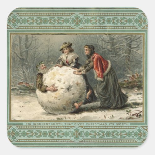 Circa 1879 Two women roll man in snow Square Sticker