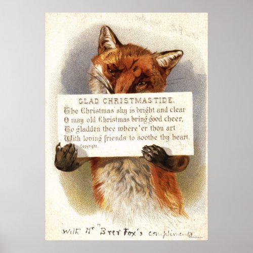 Circa 1900 A fox holds a Christmas verse Poster