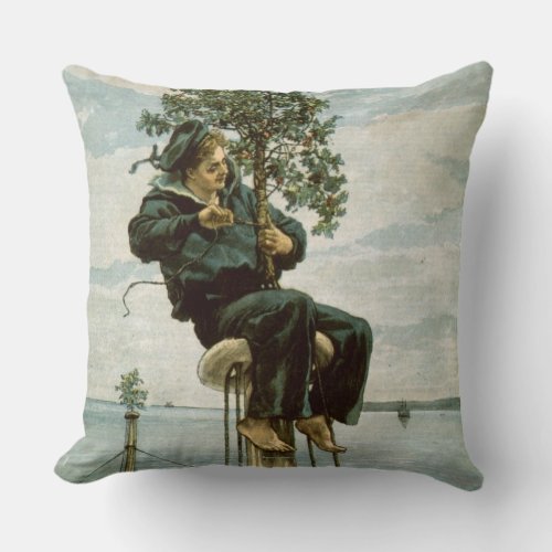 Circa 1900 A sailor ties holly to the masthead Throw Pillow