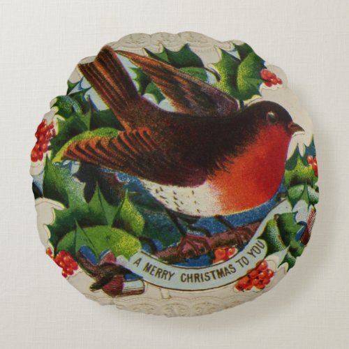 Circa 1900 A traditional Christmas robin Round Pillow