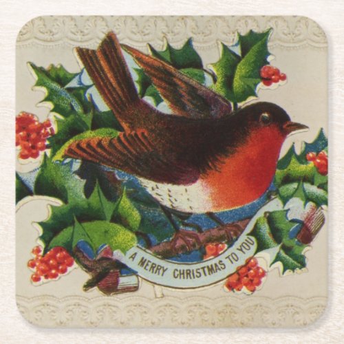 Circa 1900 A traditional Christmas robin Square Paper Coaster