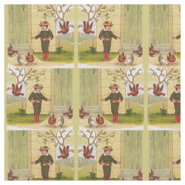 circa 1900 Feeding the Chickens print Fabric (Close Up)