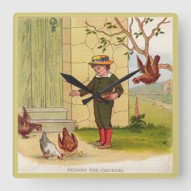 circa 1900 Feeding the Chickens Square Wall Clock (Front)