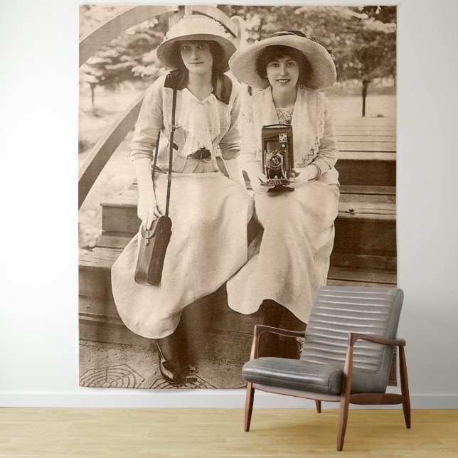 circa 1910 camera girls print tapestry (In Situ)