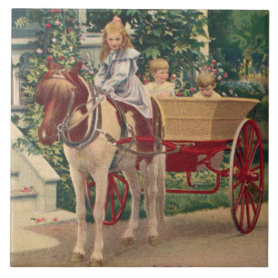 circa 1910 children and horse-drawn cart ceramic tile