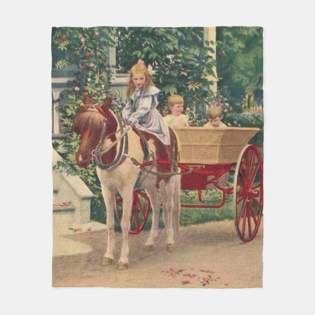 circa 1910 children and horse-drawn cart fleece blanket (Front)