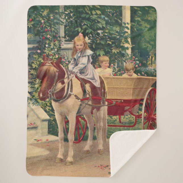 circa 1910 children and horse-drawn cart sherpa blanket (Front)