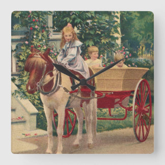 circa 1910 children and horse-drawn cart square wall clock