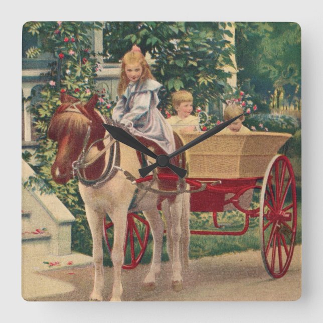 circa 1910 children and horse-drawn cart square wall clock (Front)