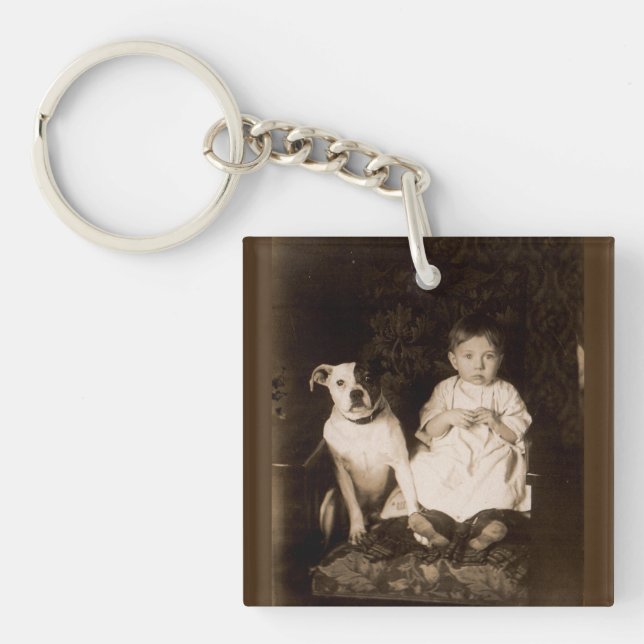 circa 1910 pitbull and baby RPPC Keychain (Front)