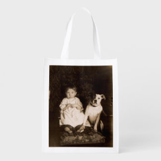 circa 1910 pitbull and baby RPPC Reusable Grocery Bag