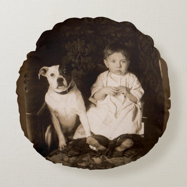 circa 1910 pitbull and baby RPPC Round Pillow (Front)