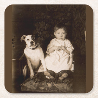 circa 1910 pitbull and baby RPPC Square Paper Coaster