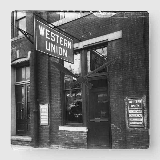 Circa 1925 Telegraph Station Old Black & White Square Wall Clock (Front)