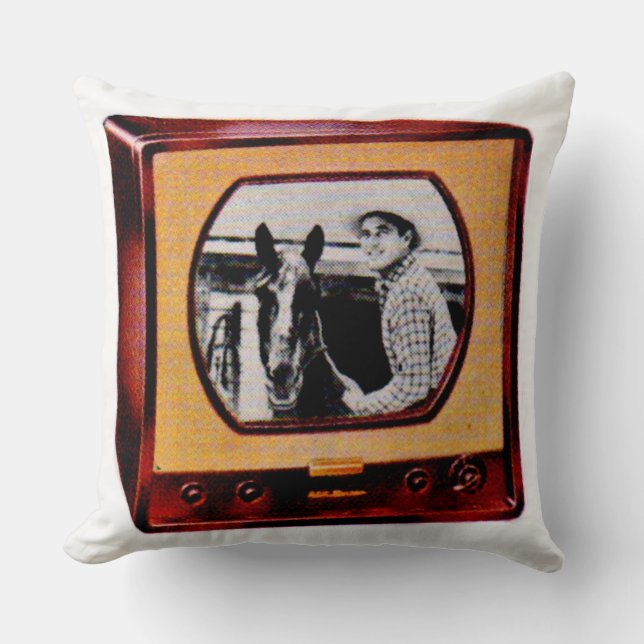 circa 1951 portable television set cowboy show throw pillow (Front)