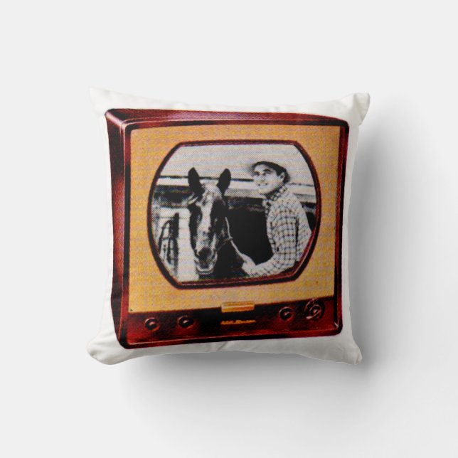 circa 1951 portable television set cowboy show throw pillow (Front)