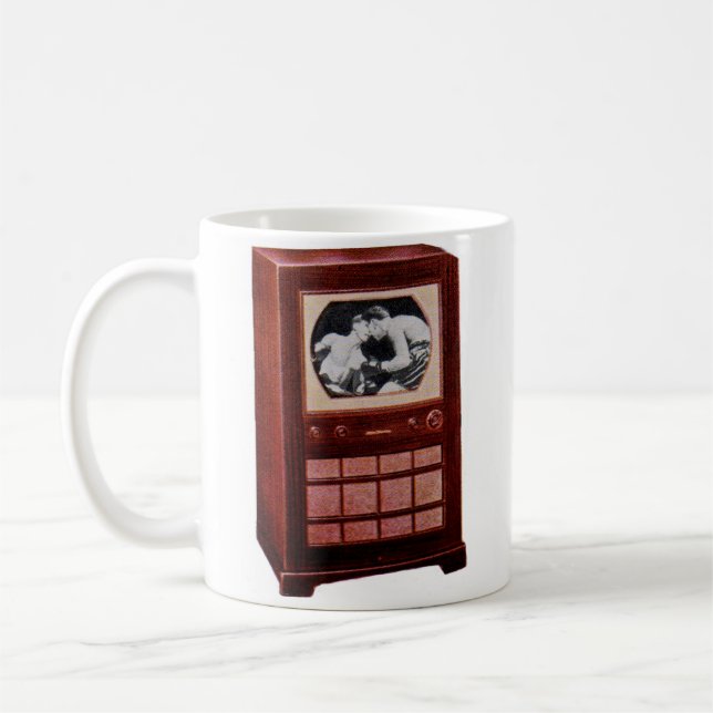 circa 1951 television set broadcasting boxing coffee mug (Left)