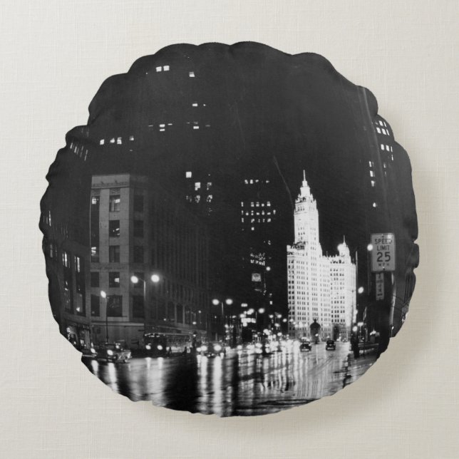 circa 1954:  A view down Michigan Avenue Round Pillow (Front)