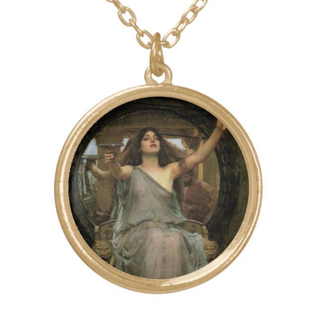 Circe Offering the Cup to Ulysses by JW Waterhouse Gold Plated Necklace (Front)