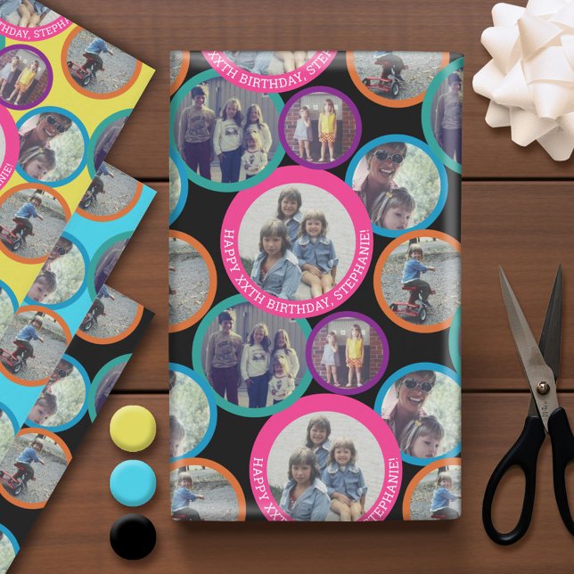 Circle 5 Photo Happy Birthday Greeting - circles Wrapping Paper Sheets (Custom Photo Wrapping Paper)
