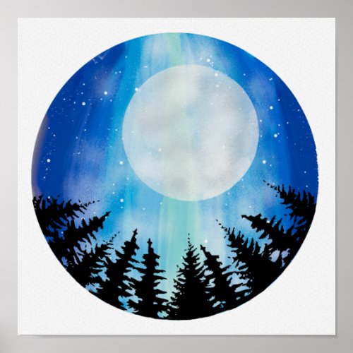 Circle abstract Night Sky  Wood Full Moon Stars Poster